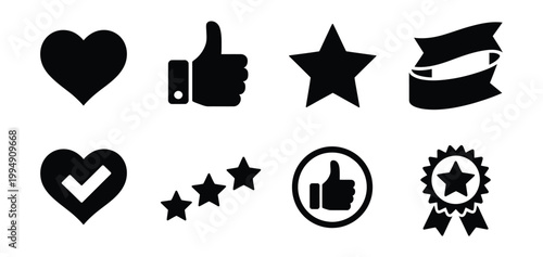 Rating and feedback icon vector set featuring heart, thumbs up, star, and ribbon badge symbols for review and user experience design