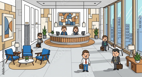 Modern Office Reception Area with Business People and Furniture.