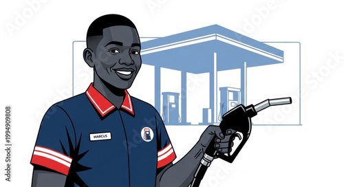 Smiling gas station attendant holding a fuel nozzle at a service station.
