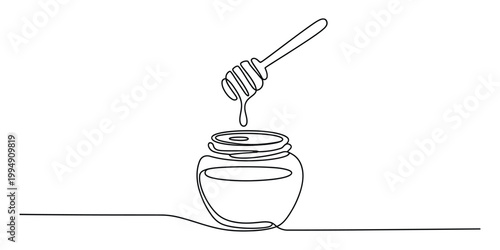 Continuous line drawing of a honey jar and dipper
