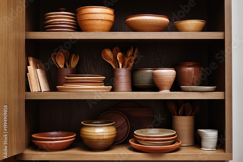 Shelves Filled With Various Bowls and Kitchen Utensils in a Wooden Cabinet