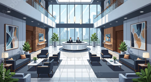 Modern Office Lobby with Reception Desk and Seating Areas.