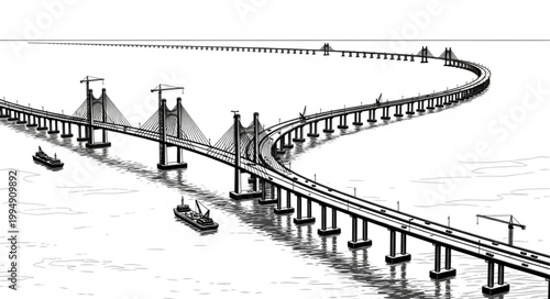 Modern Suspension Bridge Under Construction Over Water with Ships and Cranes.