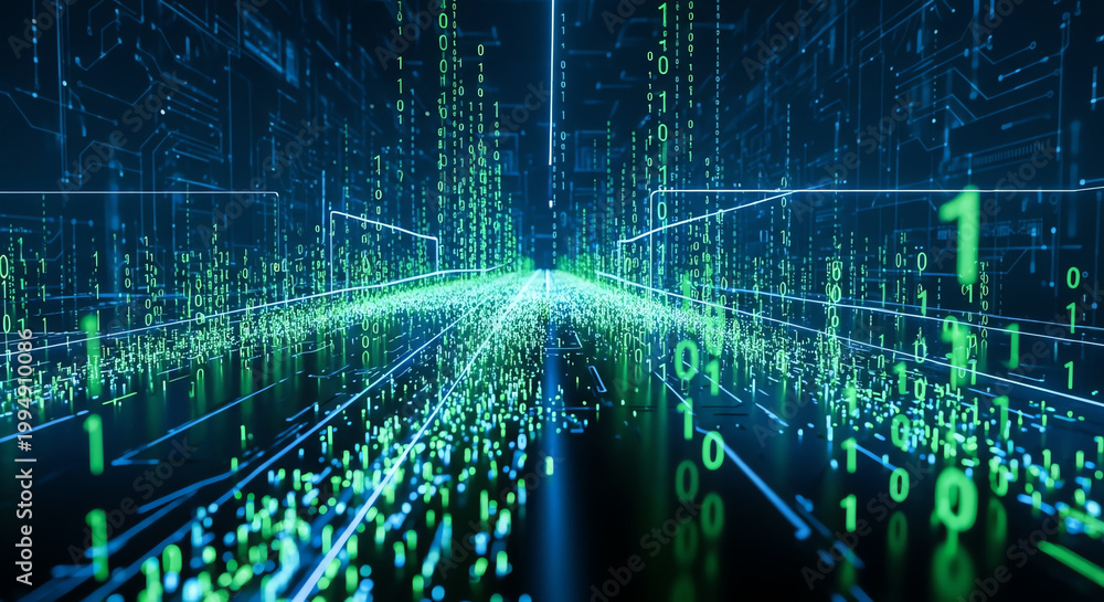 Fototapeta premium Digital Data Stream: Futuristic Binary Code Tunnel with Glowing Green Numbers