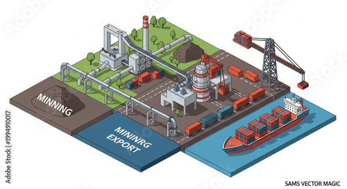 Industrial Mining and Export Process Illustration.