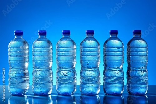 Water Bottles Arranged in a Line Against a Blue Background With Reflections o...