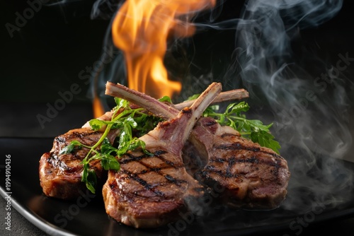 Grilled Meat Cooks in the Pan With Flames and Smoke Rising in a Kitchen Setti...