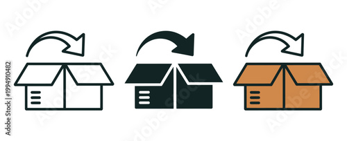 Cardboard box return symbol set, open package icons for product returns, order exchange, unboxing delivery, e-commerce logistics vector illustration
