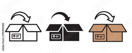 Cardboard box return icon set, open package symbols for product return policy, order exchange, unboxing delivery, e-commerce logistics vector illustration
