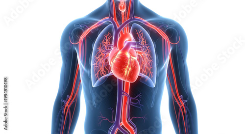 A detailed illustration of the human circulatory system with heart and blood vessels