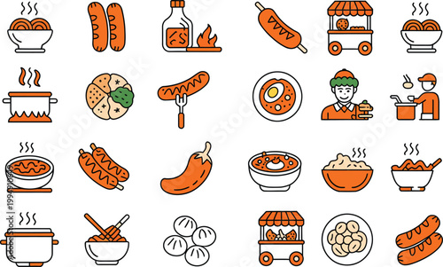 Korean street food tteokbokki icon set in line style, collection of linear icons representing spicy snacks including rice cake, food stall, skewer, sauce, dumpling, and snack elements, editable stroke