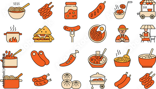 Korean street food tteokbokki icon set in line style, collection of linear icons representing spicy snacks including rice cake, food stall, skewer, sauce, dumpling, and snack elements, editable stroke