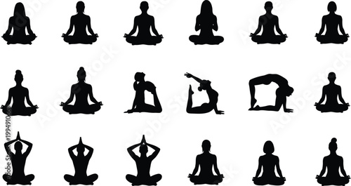 A set of black silhouette yoga icons on a white background for design and wellness use