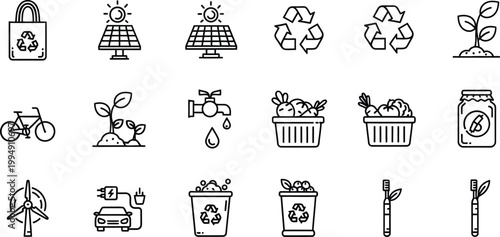 A set of eco-friendly icons and illustrations for sustainable living and environmental conservation