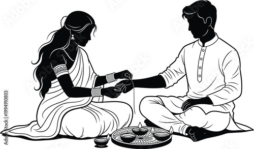 Raksha Bandhan cultural illustration, sister tying rakhi, brother traditional attire, festive thali diya, Indian ritual celebration, sibling love bond art