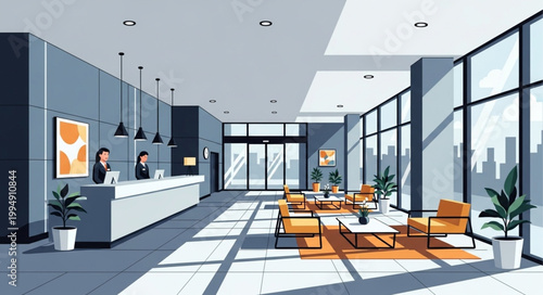 Modern Hotel Lobby with Reception Desk and Seating Area.