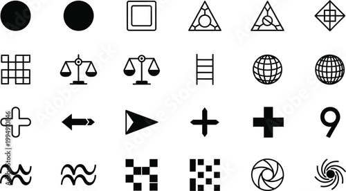 A set of modern geometric icons and symbols in a minimalist flat design style