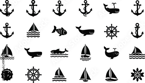 A set of nautical icons featuring anchors, sailboats, and sea creatures in a minimalist style