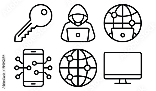 Digital security and internet technology icons set with hacker global network smartphone connection and computer, security