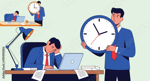 Businessman stressed, office worker frustrated, clock time pressure, workplace deadline