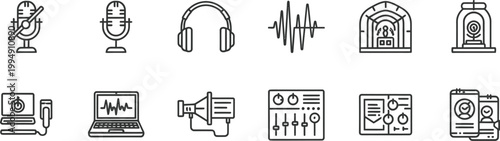 A set of minimalist line art icons representing various podcasting and audio elements