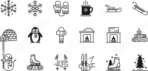 A set of winter icons including snowflakes, penguins, and ice skates in a minimalist style