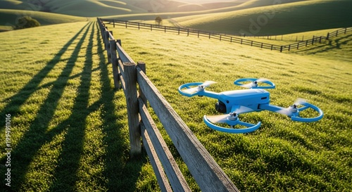 Blue quadcopter drone flying low over green grassy field near wooden fence in countryside
