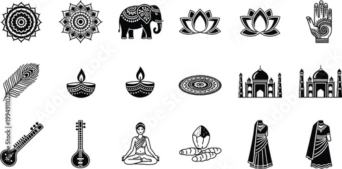 A collection of black and white Indian cultural icons and symbols in a minimalist flat design style