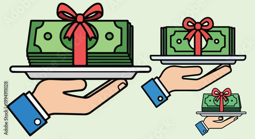 Money gifts, cash presents, dollar bills with ribbons, giving money, financial aid, donation concept