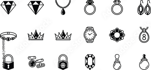 A collection of black and white line art icons featuring jewelry and luxury items