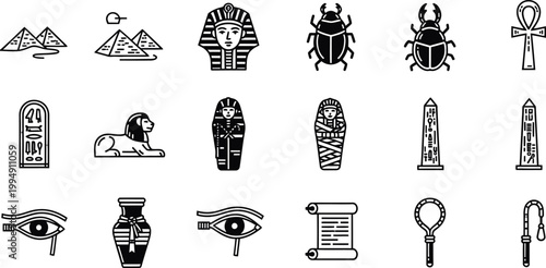 A collection of ancient Egyptian icons and symbols in a minimalist black and white design style