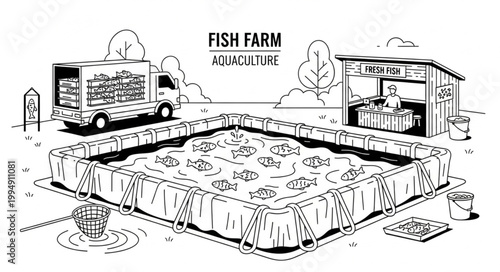 Fish Farm Aquaculture Industry Scene with Truck and Building.