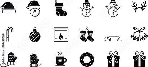 A set of black and white Christmas icons and symbols in a minimalist flat design style