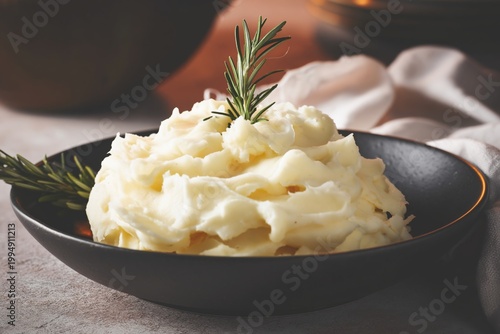 Creamy Mashed Potatoes Served in a Bowl With Fresh Rosemary on Top