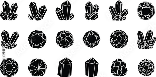 A set of black and white crystal illustrations in various shapes and forms.