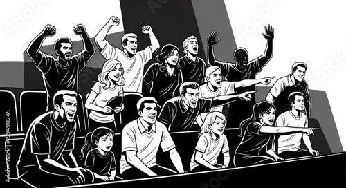 Cheering crowd of excited spectators in seats.