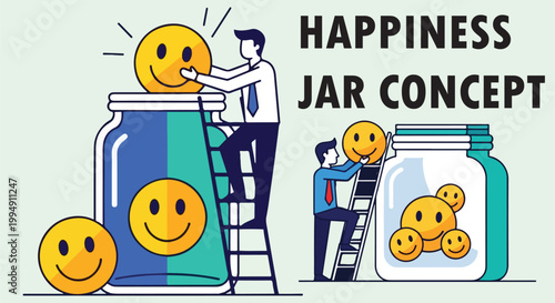 Happiness concept, smiley faces, jar concept, vector illustration, emotions, positive vibes