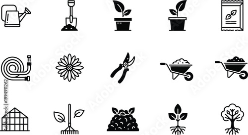 A set of black and white gardening icons including tools and plants on a white background