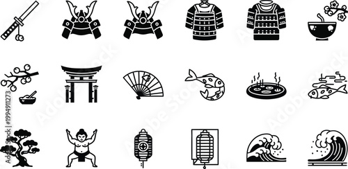 A set of black and white Japanese themed vector icons and illustrations