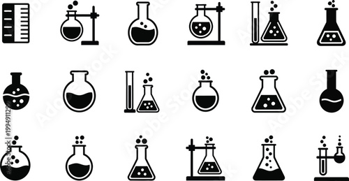 A set of black and white laboratory equipment icons including beakers and flasks