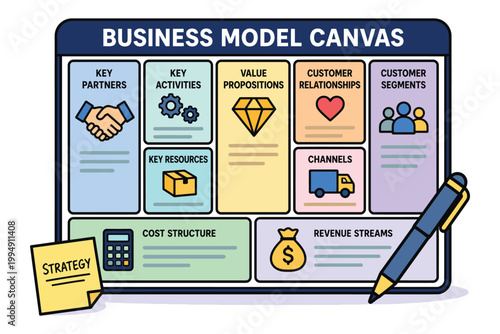 Tableau sur toile Business model canvas illustration with key elements and strategy icons