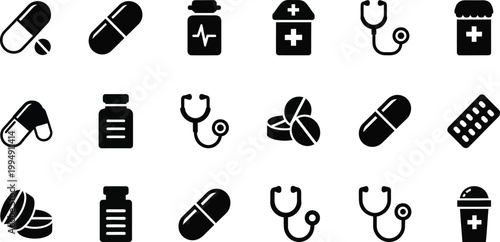 A set of black and white medical icons including pills, stethoscopes, and first aid kits