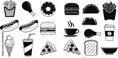 Fast Food Silhouette Icon Set Featuring Burger, Fries, Pizza, Hot Dog, Coffee, Ice Cream, Donut, and Snacks in Solid Black Style for Menu Design