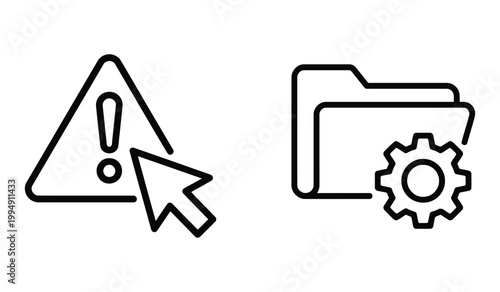 Warning alert and folder system management icons with exclamation sign and gear configuration settings management exclamation
