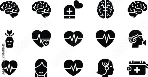 A set of black and white medical icons representing health and wellness concepts