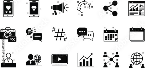 A set of black and white social media icons and symbols for online communication and marketing