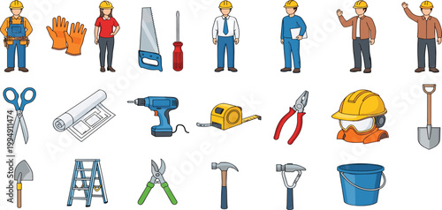 Construction worker and industrial tool vector set featuring 21 icons including hammer drill safety helmet and site personnel in flat professional style