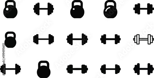 A set of black and white vector icons depicting kettlebells and dumbbells for fitness and exercise