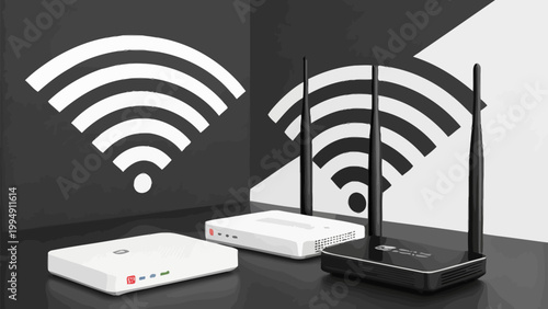 Stylized illustration of three wifi routers with large signal icons in the background, representing wireless internet connectivity and networking technology