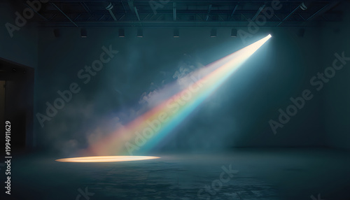 Rainbow lights shining on a stage at night like a colorful sky